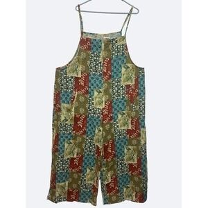 VTG Patchwork Bib Overalls Boho Festival Hippie WideLeg Jumpsuit Women L Cotton